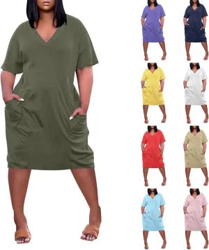 Plus Size Dresses for Curvy Women-2025 Summer Super Loose Fit Short Sleeve V-Neck Midi Casual Dresses with Pockets