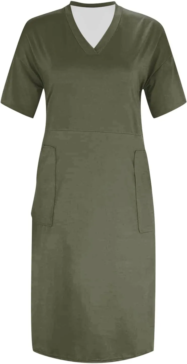 Plus Size Dresses for Curvy Women-2025 Summer Super Loose Fit Short Sleeve V-Neck Midi Casual Dresses with Pockets