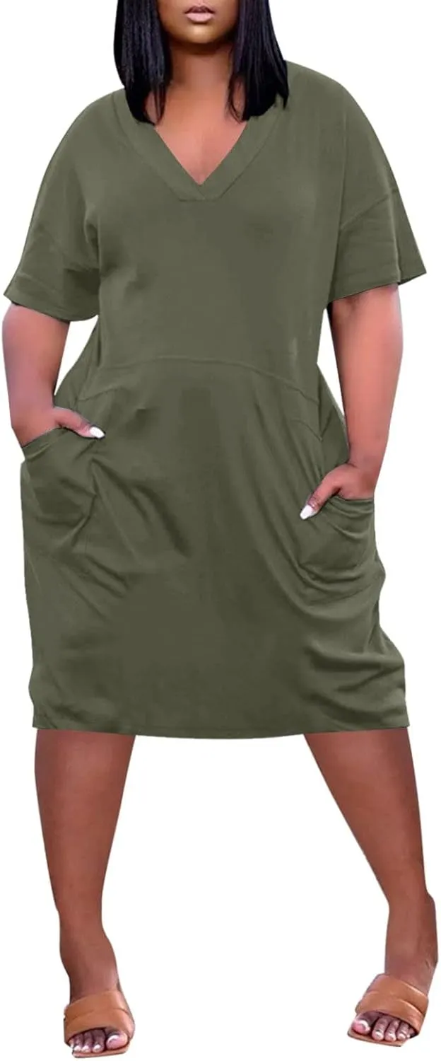 Plus Size Dresses for Curvy Women-2025 Summer Super Loose Fit Short Sleeve V-Neck Midi Casual Dresses with Pockets