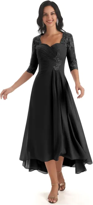 POMUYOO Tea Length Mother of The Bride Dresses for Wedding Lace Chiffon Long Formal Evening Gown with Sleeves