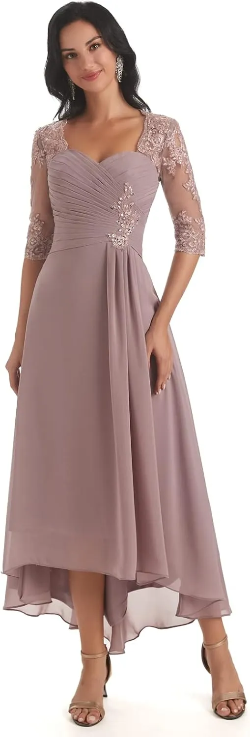 POMUYOO Tea Length Mother of The Bride Dresses for Wedding Lace Chiffon Long Formal Evening Gown with Sleeves