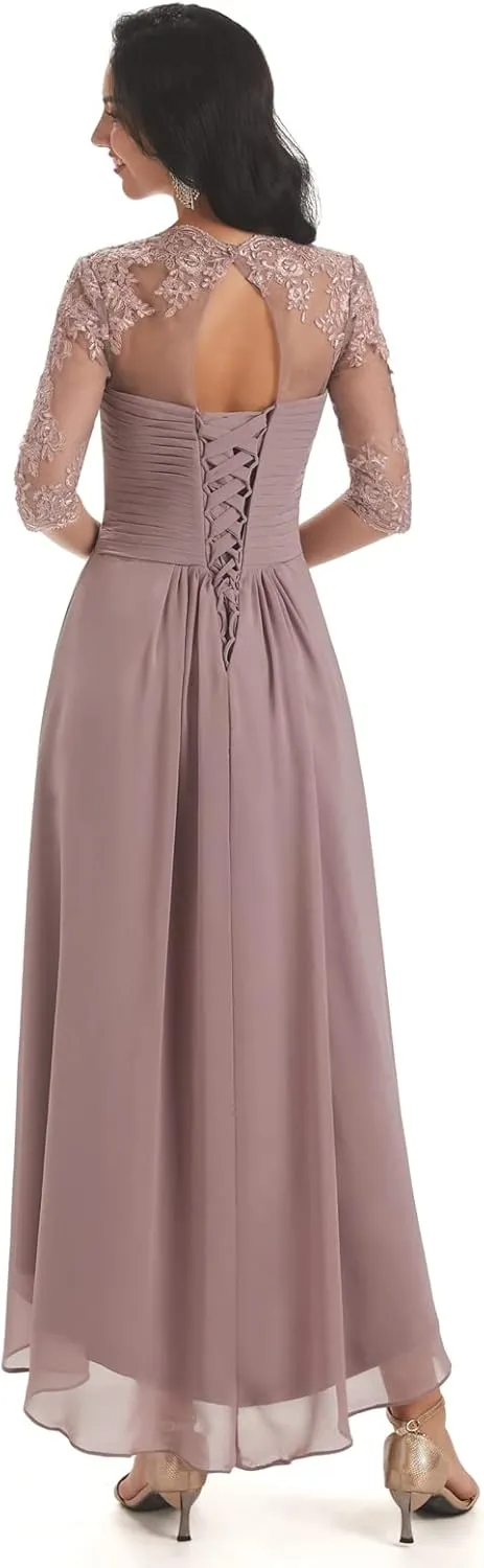 POMUYOO Tea Length Mother of The Bride Dresses for Wedding Lace Chiffon Long Formal Evening Gown with Sleeves