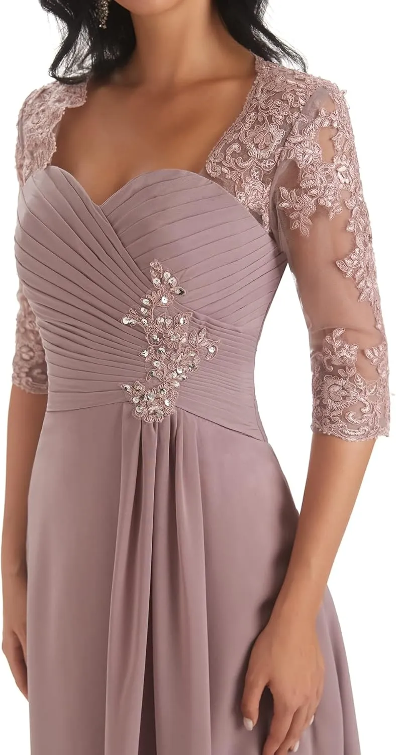 POMUYOO Tea Length Mother of The Bride Dresses for Wedding Lace Chiffon Long Formal Evening Gown with Sleeves