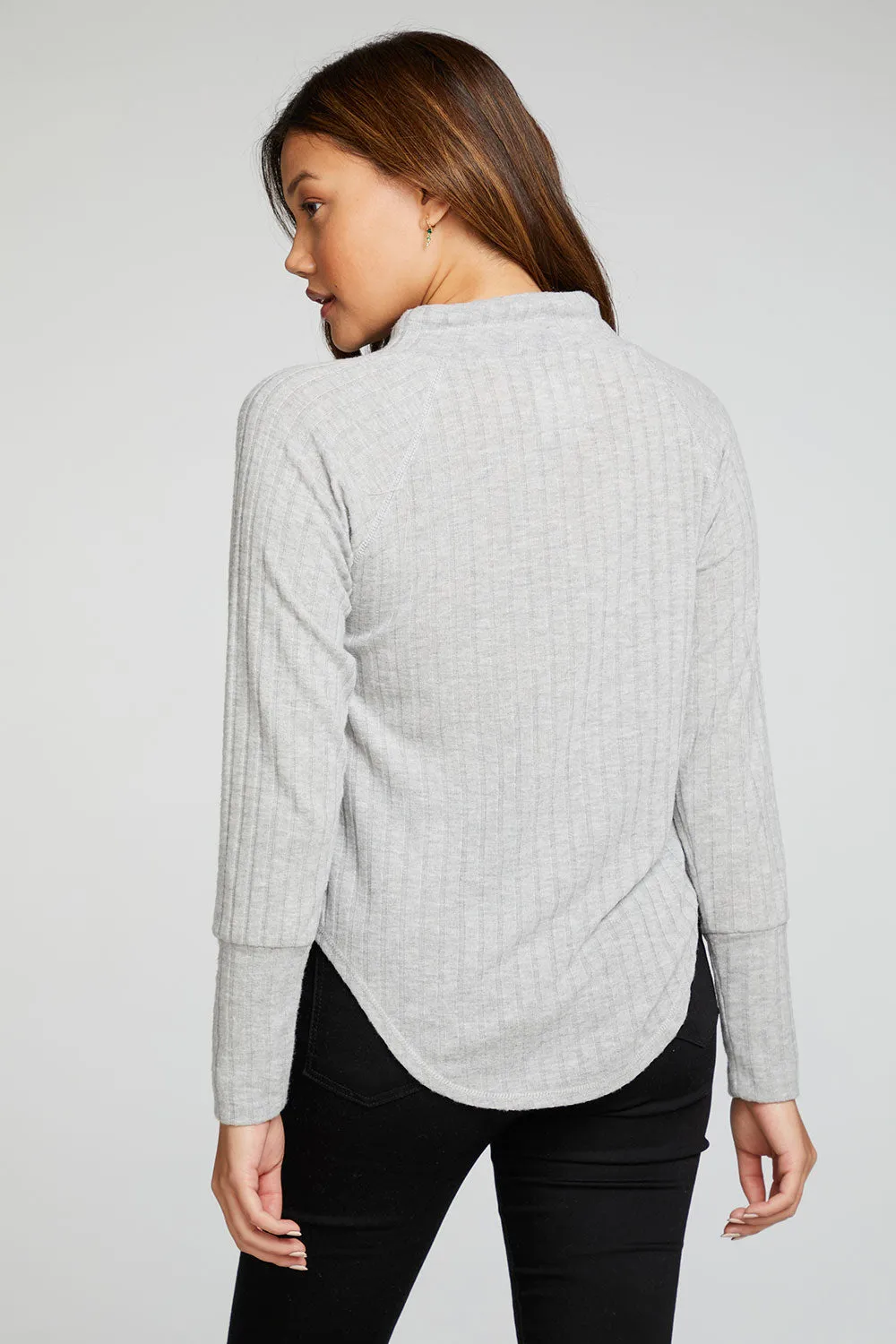 Poor Boy Rib Long Sleeve Funnel Neck Raglan Shirttail Pullover