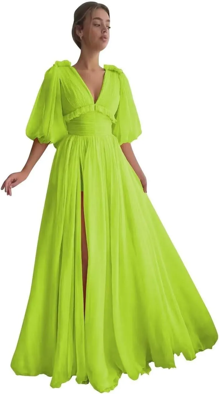 Puffy Sleeve Prom Dresses for Women A Line V Neck Formal Dresses with Slit Chiffon Long Evening Party Gown CR16