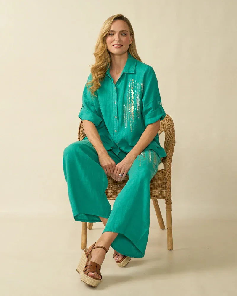 Relaxed Fit Linen Blouse with Sequin Detail - Aqua