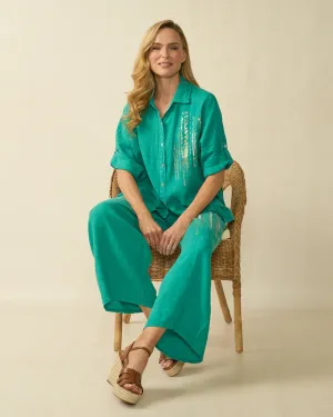 Relaxed Fit Linen Blouse with Sequin Detail - Aqua