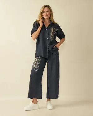 Relaxed Fit Linen Blouse with Sequin Detail - Navy