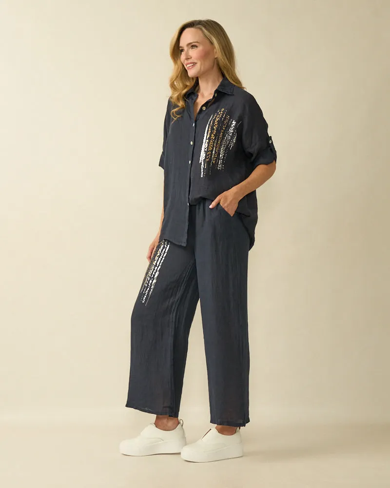 Relaxed Fit Linen Blouse with Sequin Detail - Navy