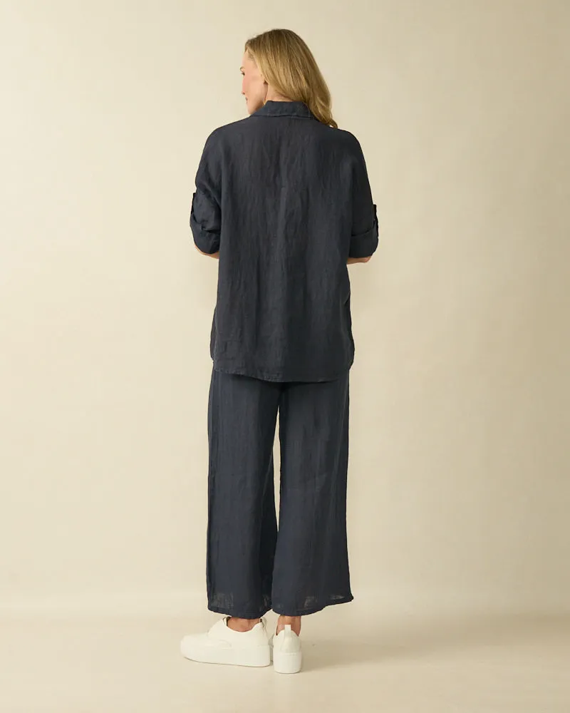 Relaxed Fit Linen Blouse with Sequin Detail - Navy