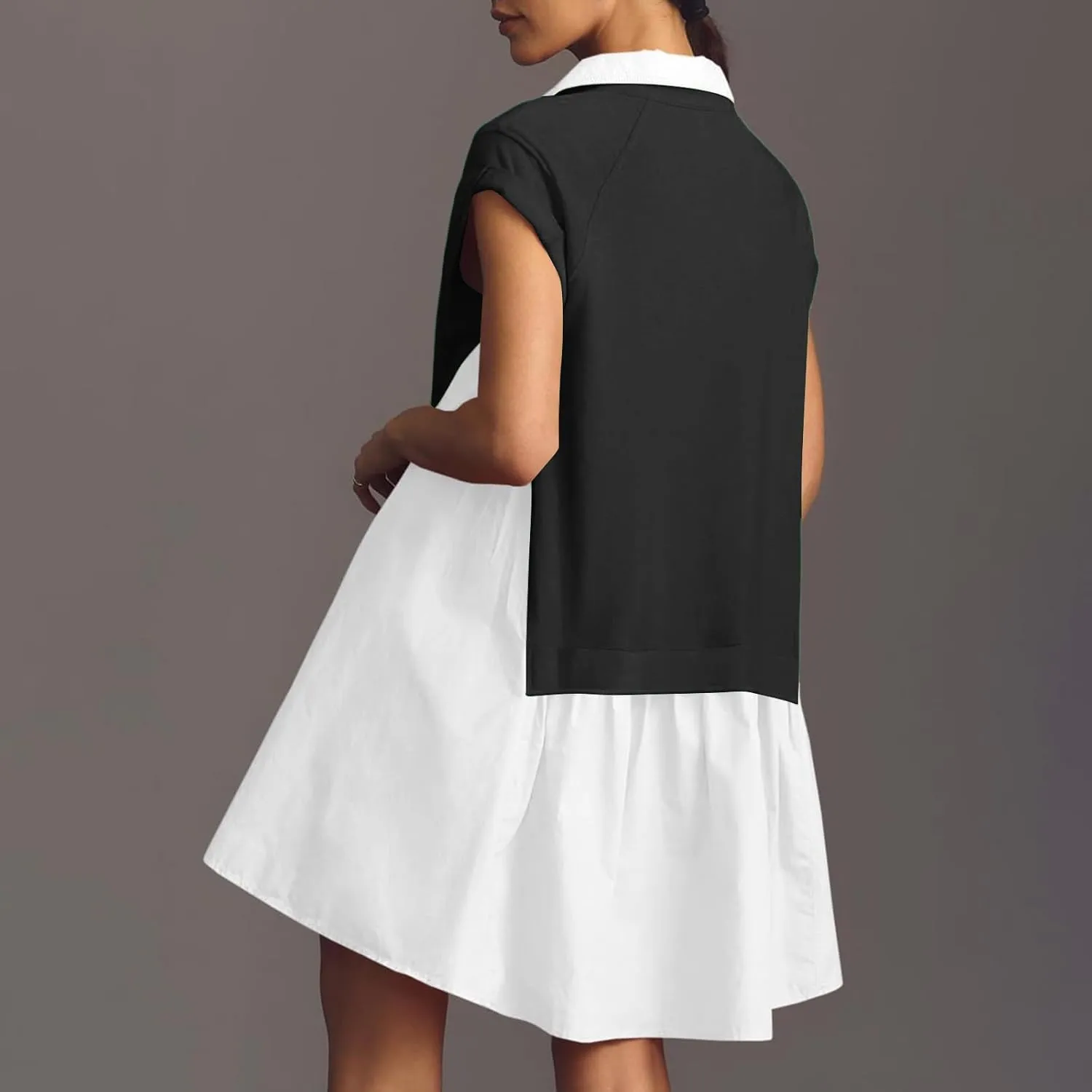 RKSTN Women's Trendy Patchwork Dresses Color Block Oversized Sweatshirt Dress Hoodie Shirt Short Sleeve Lapel Flowy Dress