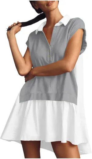 RKSTN Women's Trendy Patchwork Dresses Color Block Oversized Sweatshirt Dress Hoodie Shirt Short Sleeve Lapel Flowy Dress