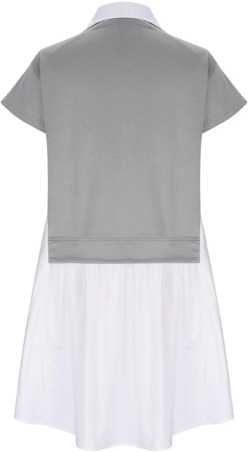 RKSTN Women's Trendy Patchwork Dresses Color Block Oversized Sweatshirt Dress Hoodie Shirt Short Sleeve Lapel Flowy Dress