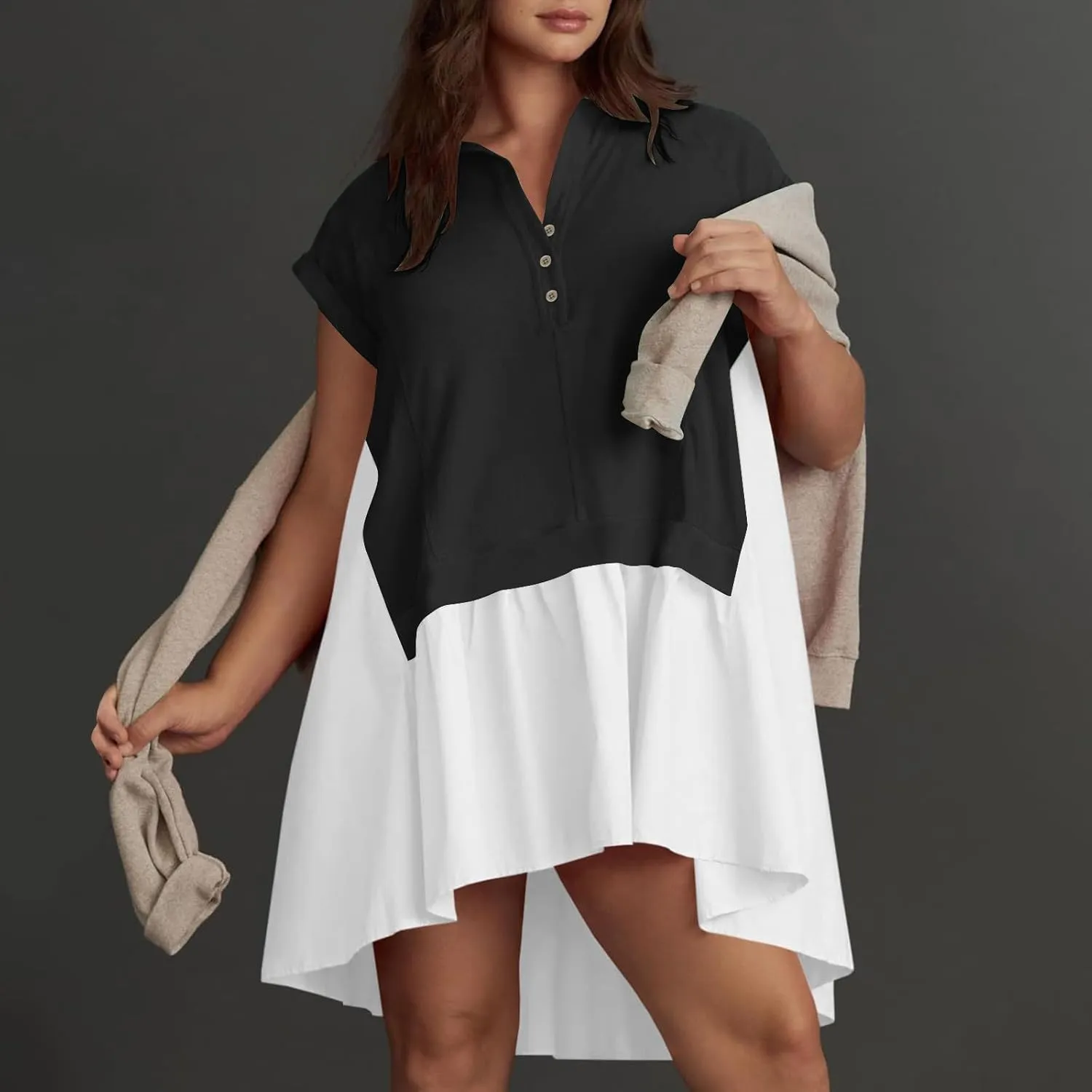 RKSTN Women's Trendy Patchwork Dresses Color Block Oversized Sweatshirt Dress Hoodie Shirt Short Sleeve Lapel Flowy Dress