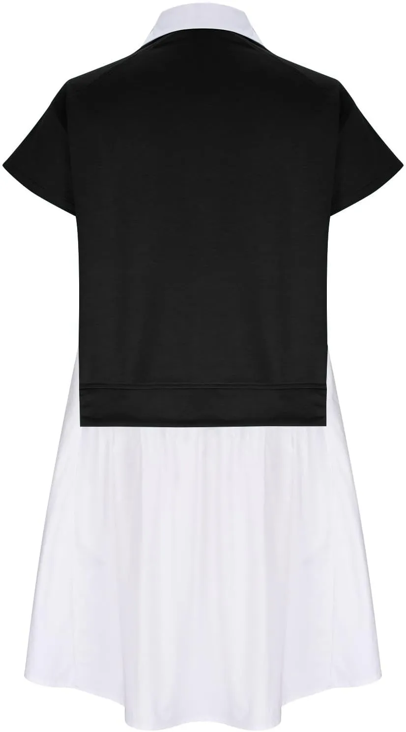 RKSTN Women's Trendy Patchwork Dresses Color Block Oversized Sweatshirt Dress Hoodie Shirt Short Sleeve Lapel Flowy Dress