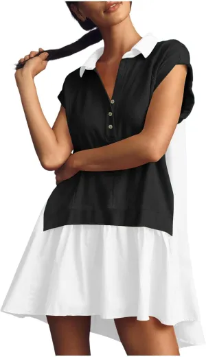RKSTN Women's Trendy Patchwork Dresses Color Block Oversized Sweatshirt Dress Hoodie Shirt Short Sleeve Lapel Flowy Dress
