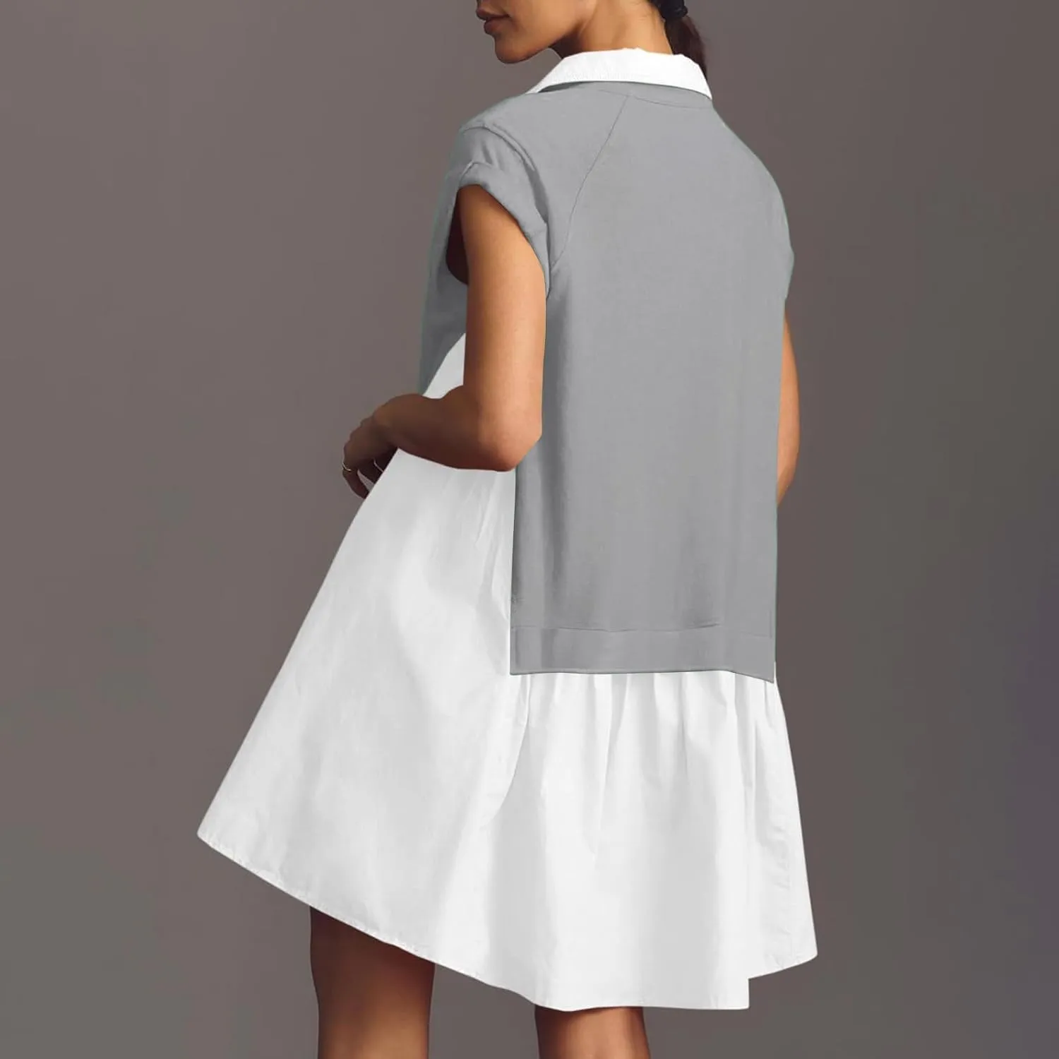 RKSTN Women's Trendy Patchwork Dresses Color Block Oversized Sweatshirt Dress Hoodie Shirt Short Sleeve Lapel Flowy Dress