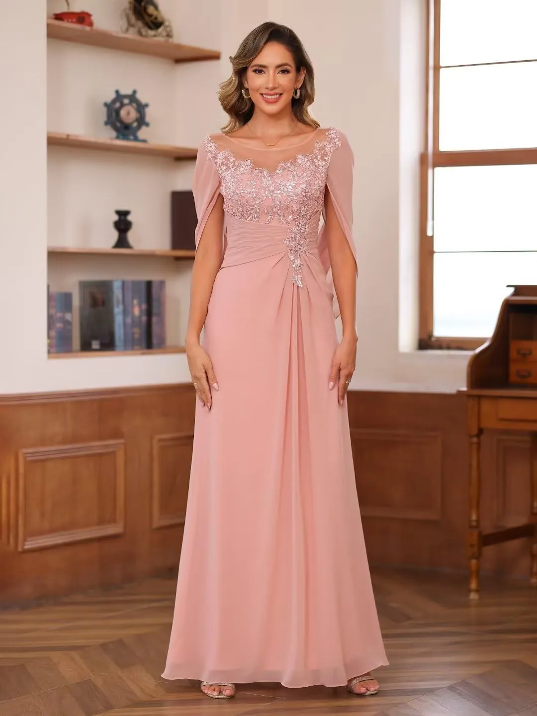 RSOETOO Lace Appliques Cape Sleeve Mother of The Bride Dresses Mermaid Long Chiffon Lace Mother Groom Dress for Wedding RO209