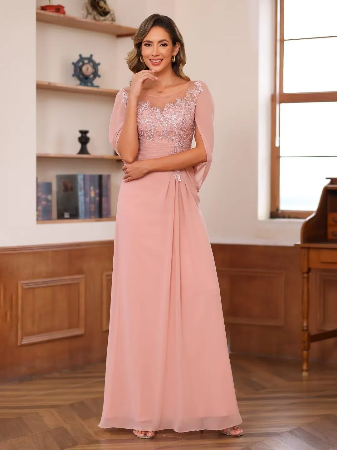RSOETOO Lace Appliques Cape Sleeve Mother of The Bride Dresses Mermaid Long Chiffon Lace Mother Groom Dress for Wedding RO209