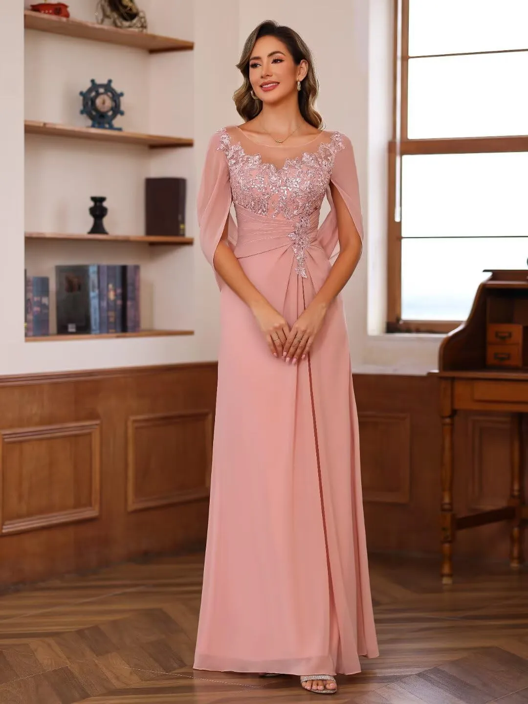 RSOETOO Lace Appliques Cape Sleeve Mother of The Bride Dresses Mermaid Long Chiffon Lace Mother Groom Dress for Wedding RO209
