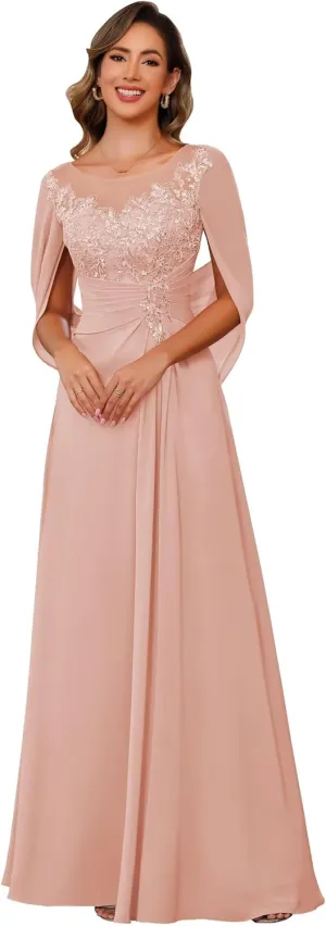 RSOETOO Lace Appliques Cape Sleeve Mother of The Bride Dresses Mermaid Long Chiffon Lace Mother Groom Dress for Wedding RO209