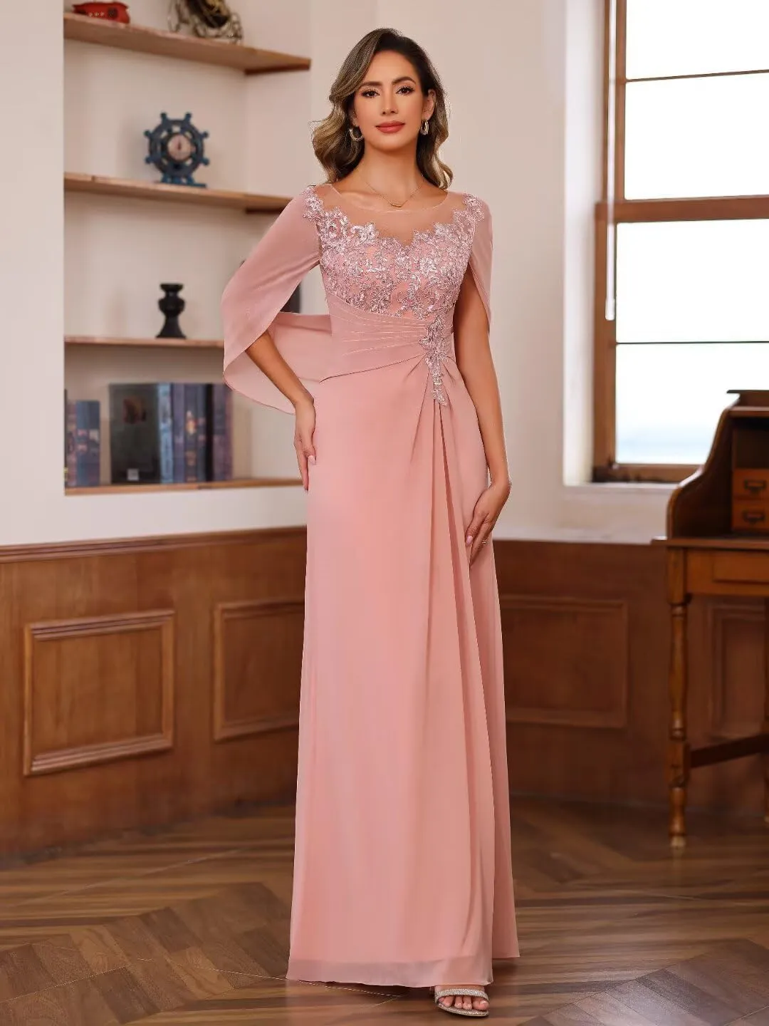 RSOETOO Lace Appliques Cape Sleeve Mother of The Bride Dresses Mermaid Long Chiffon Lace Mother Groom Dress for Wedding RO209
