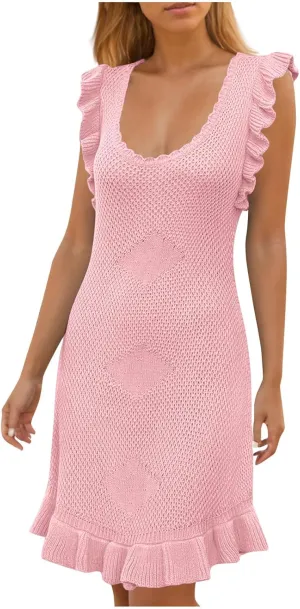 Ruffle Dress for Women Cap Sleeve U Neck Sundress Sexy Ribbed Mini Dress Solid Color Flowy Party Dress for Ladies