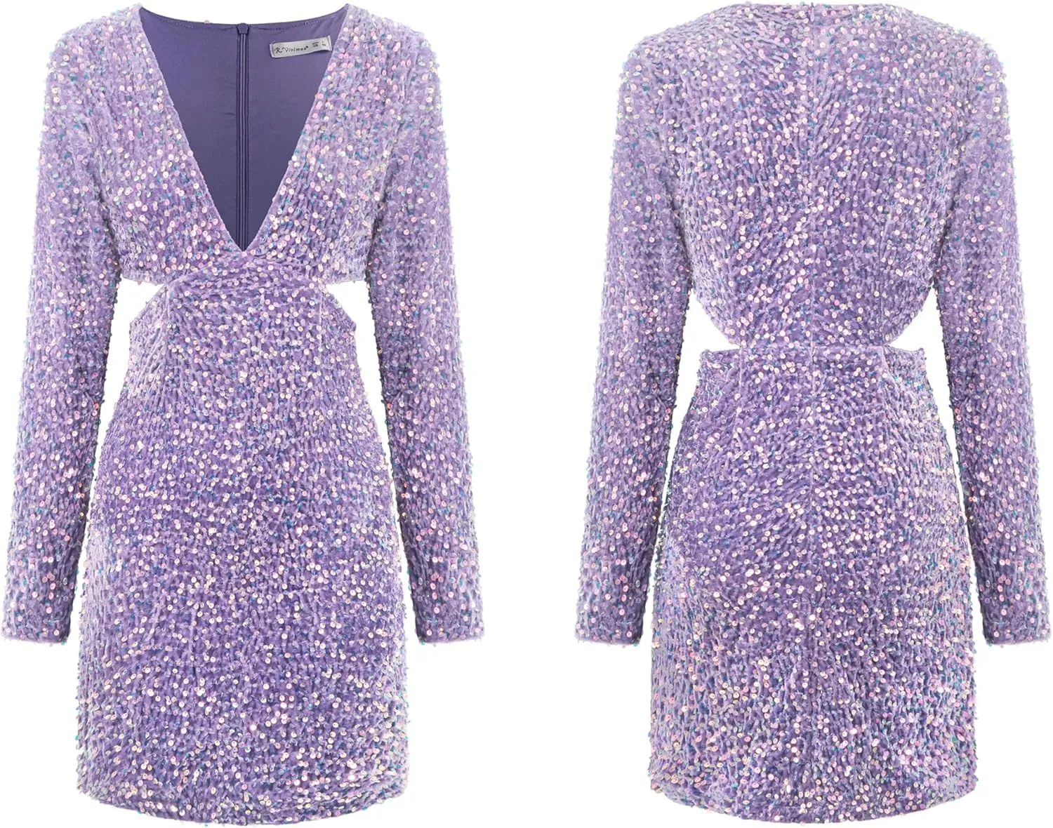 R.Vivimos Womens Glitter Sequin Party Dresses Fall Winter Long Sleeve Sexy Deep V Neck Cut Out Sparkly Club Velvet Mini Dress