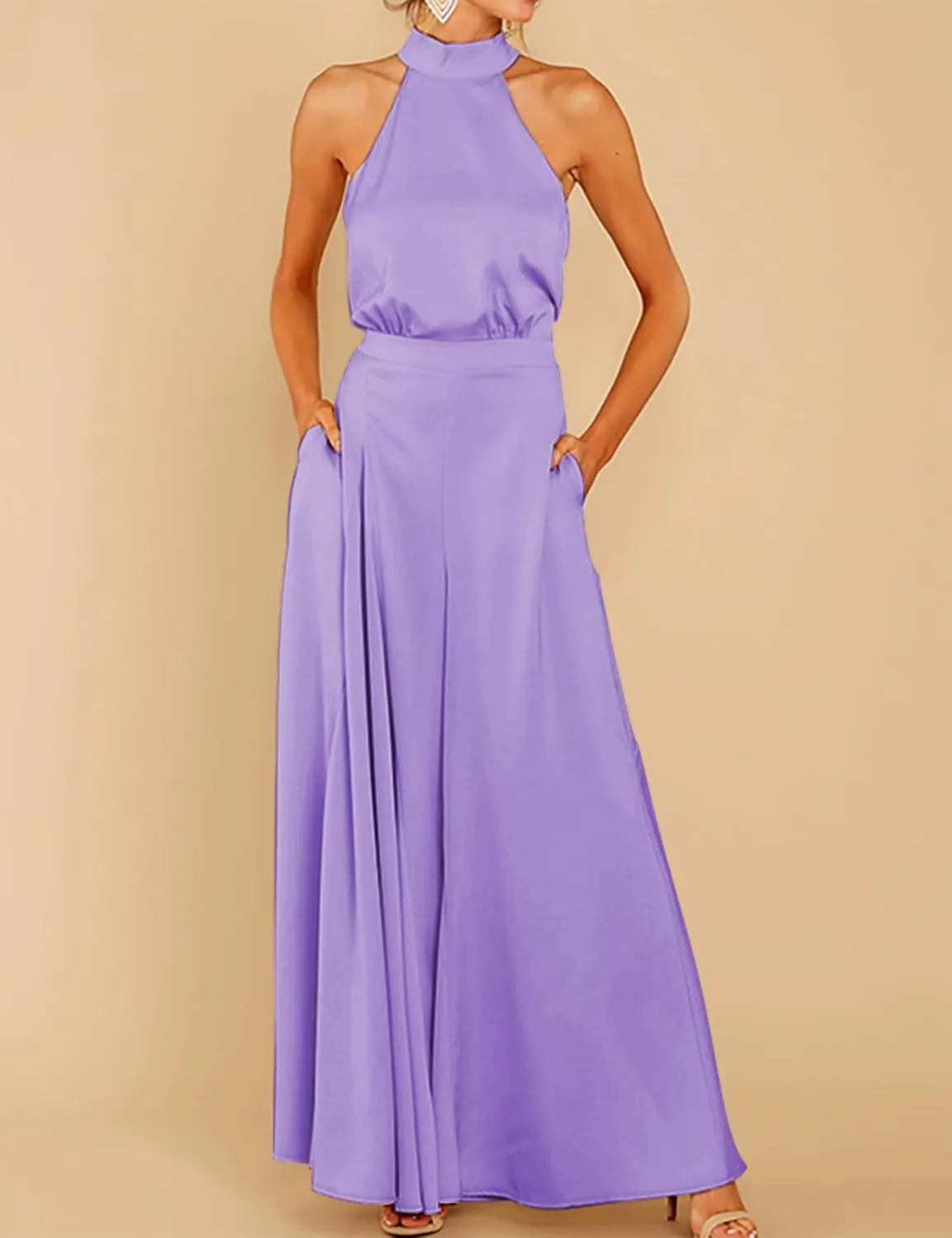 SDEER Womens Sleeveless Halter Tied Jumpsuit with Pockets High Waist Wide Leg Pants for Women
