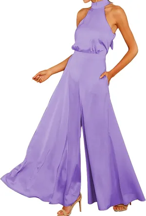 SDEER Womens Sleeveless Halter Tied Jumpsuit with Pockets High Waist Wide Leg Pants for Women