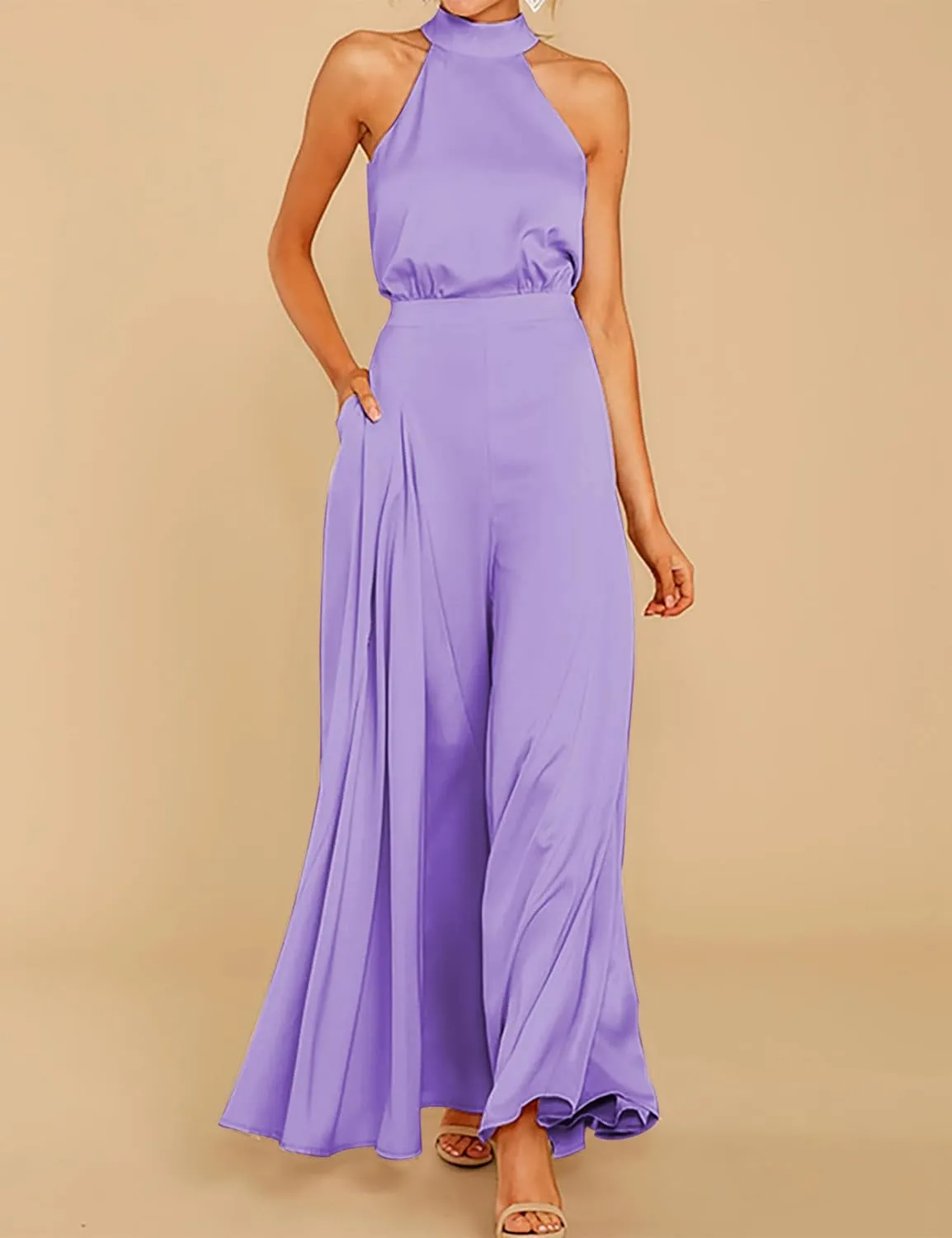 SDEER Womens Sleeveless Halter Tied Jumpsuit with Pockets High Waist Wide Leg Pants for Women