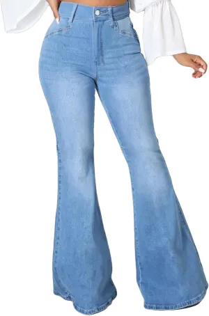SeNight Women Bell Bottom Jeans Elastic Waist Ripped Flared Jean Destroyed Raw Hem Denim Pants