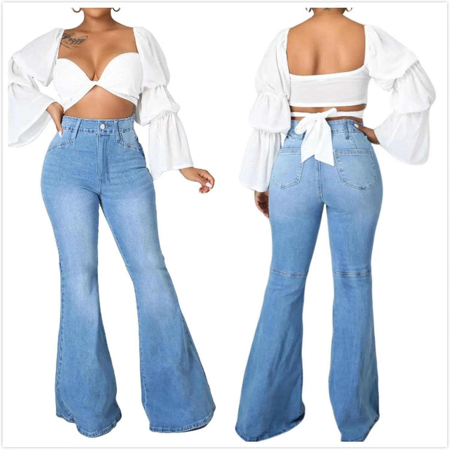 SeNight Women Bell Bottom Jeans Elastic Waist Ripped Flared Jean Destroyed Raw Hem Denim Pants