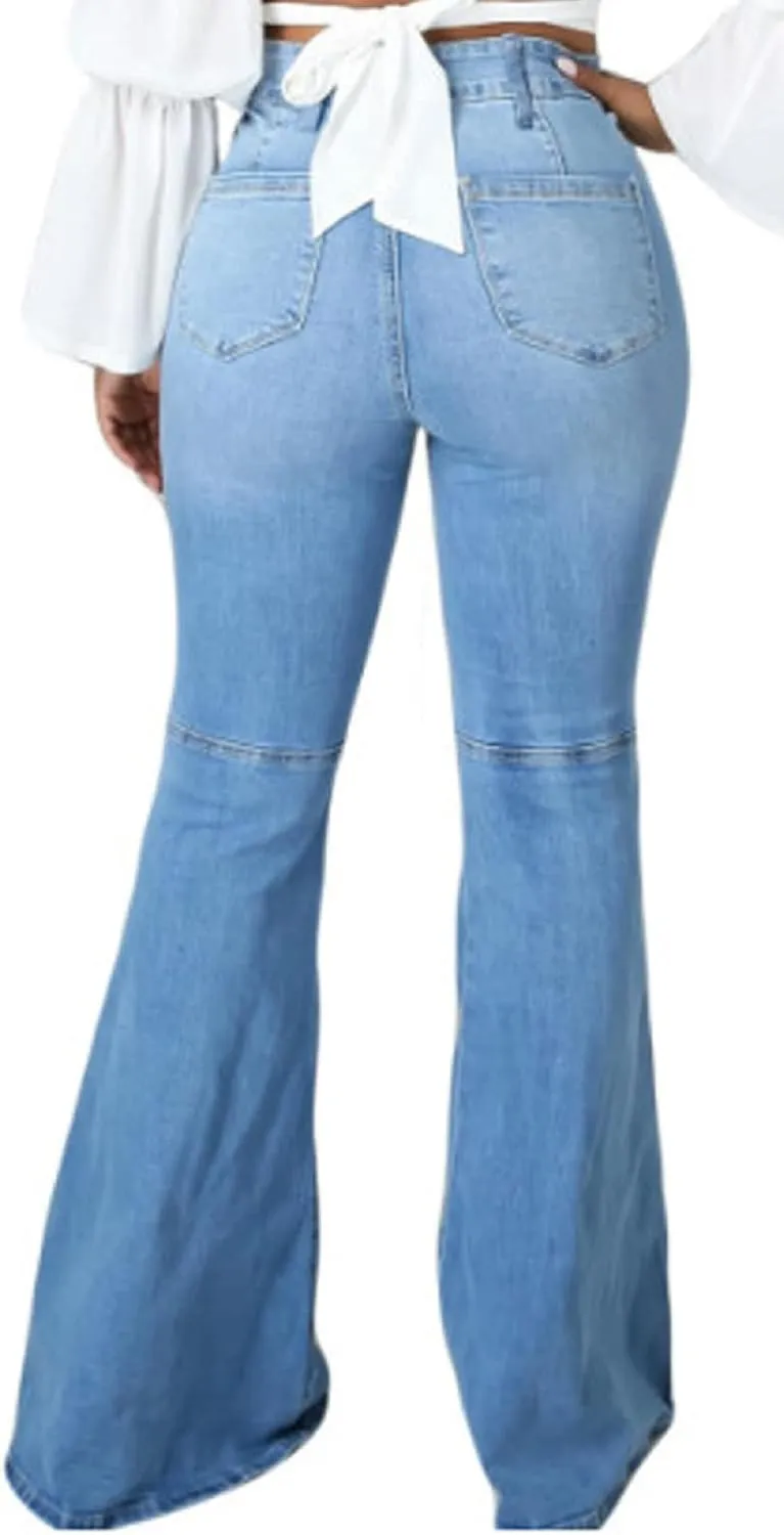 SeNight Women Bell Bottom Jeans Elastic Waist Ripped Flared Jean Destroyed Raw Hem Denim Pants