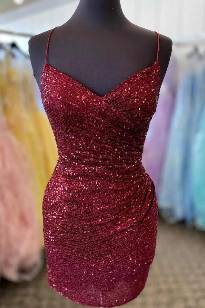 Sequin Tight Homecoming Dresses Short Spaghetti Straps Mermaid Prom Dress for Teens Cocktail Sparkly Mini Dress