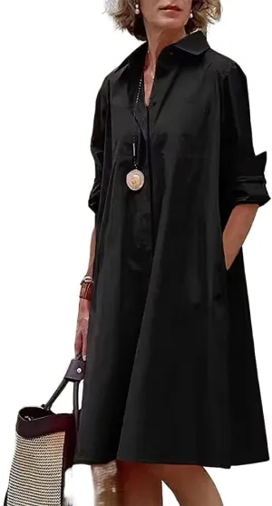 Shirt Dress for Women Casual Print Linen T Shirt Dress Summer V Neck Loose Long Sleeve Button Maxi Collared Dress