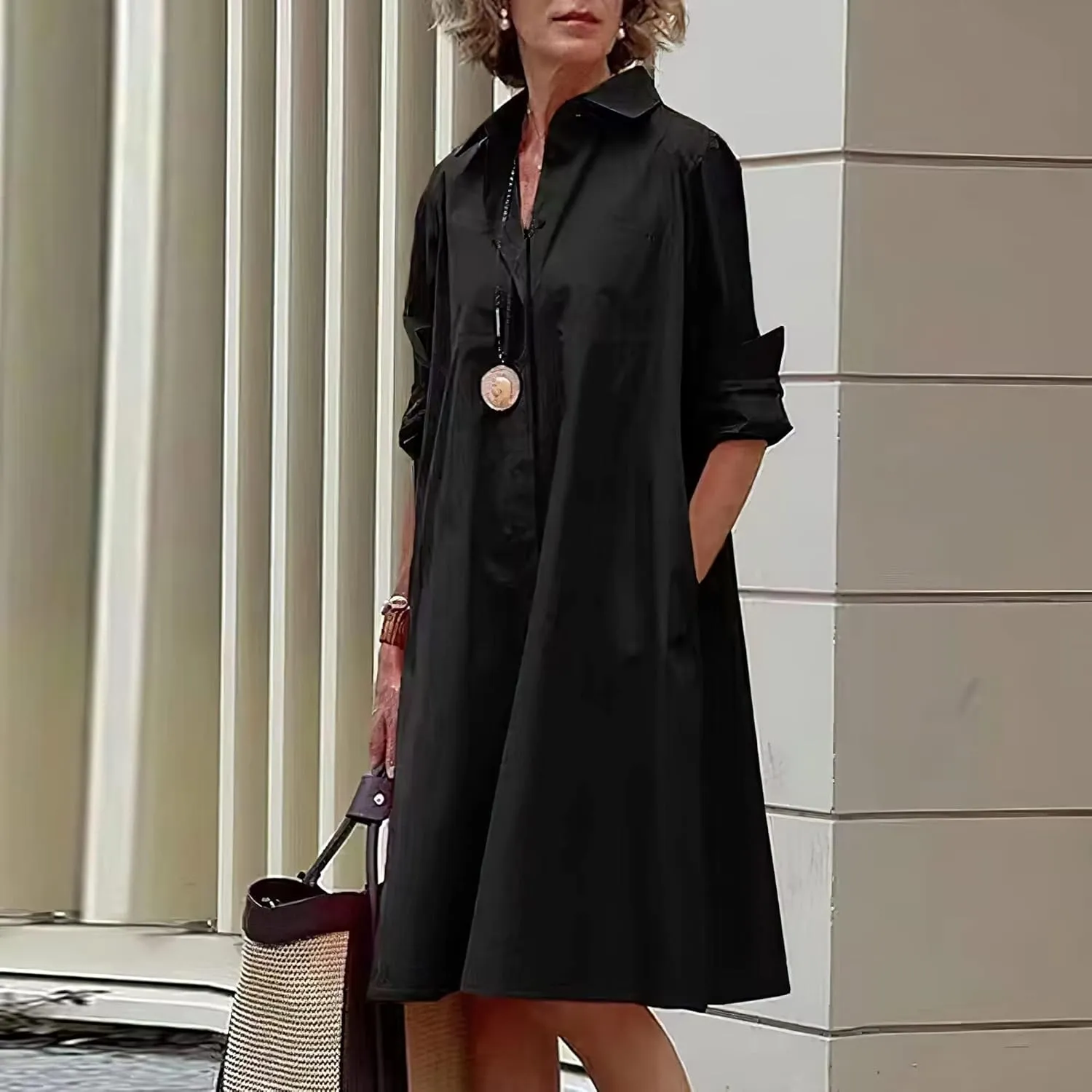 Shirt Dress for Women Casual Print Linen T Shirt Dress Summer V Neck Loose Long Sleeve Button Maxi Collared Dress