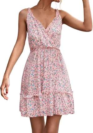 Shirt Dress Women's Dresses Summer Floral Printed Ruffle Hem Sleeveless V Neck Beach Mini Dress