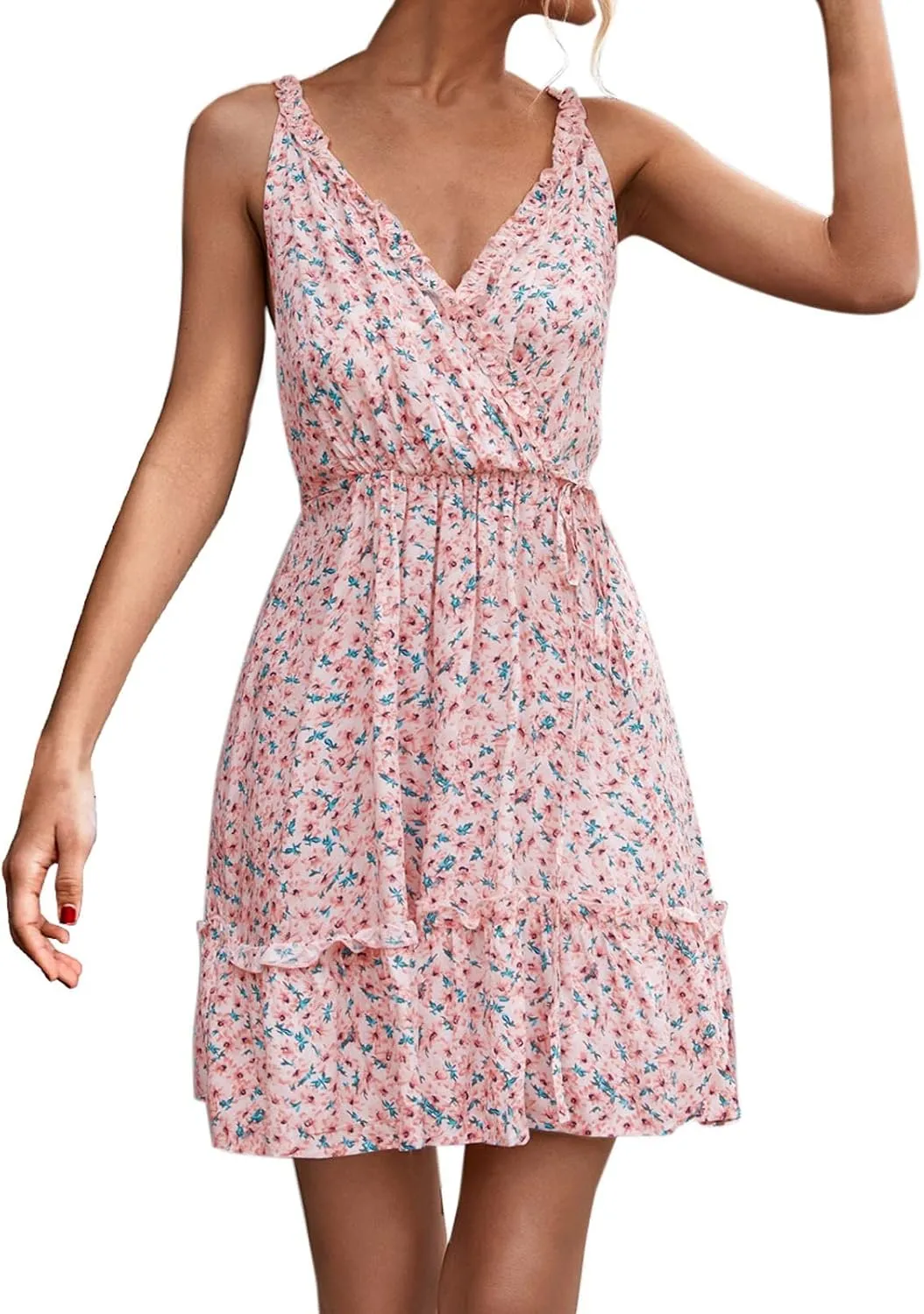 Shirt Dress Women's Dresses Summer Floral Printed Ruffle Hem Sleeveless V Neck Beach Mini Dress