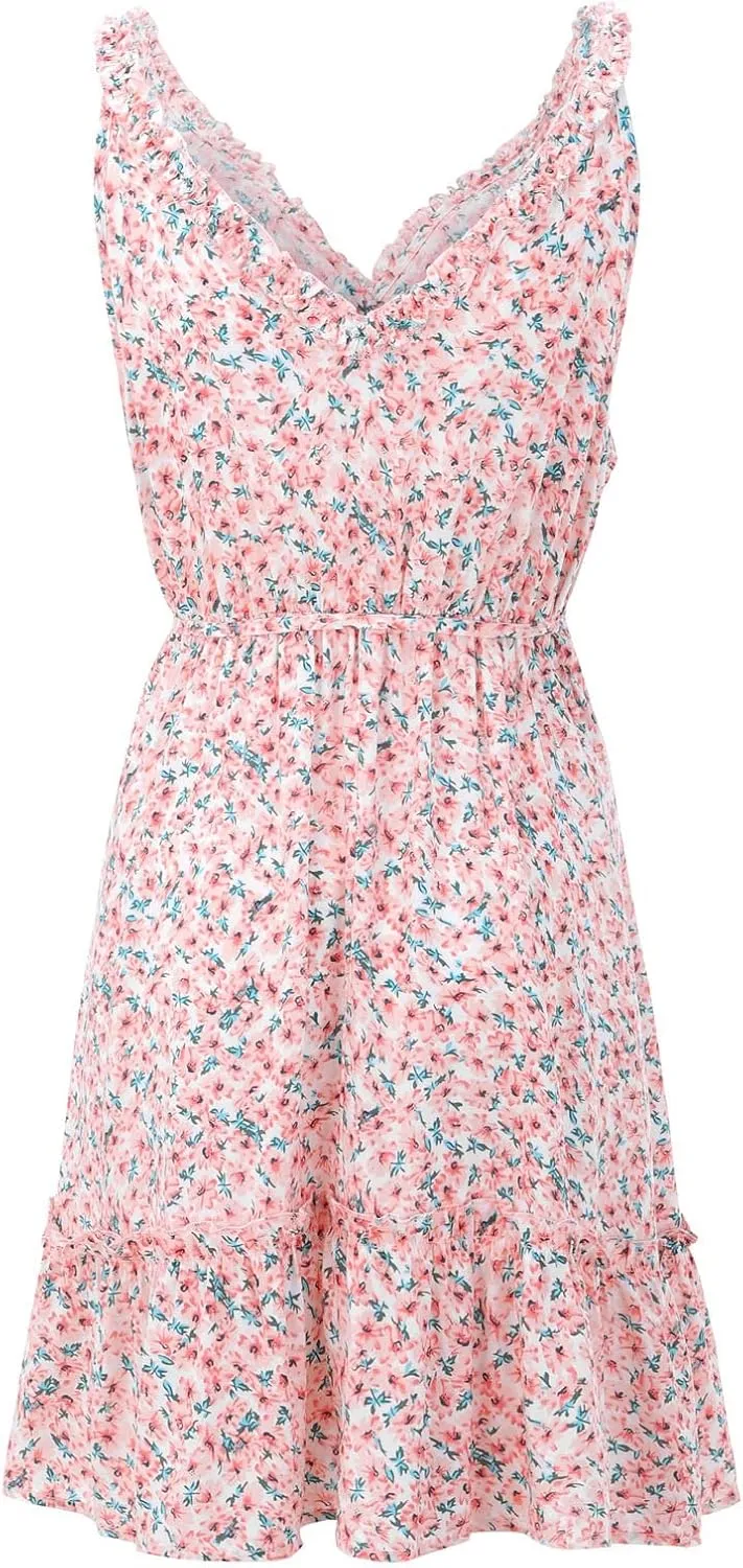 Shirt Dress Women's Dresses Summer Floral Printed Ruffle Hem Sleeveless V Neck Beach Mini Dress
