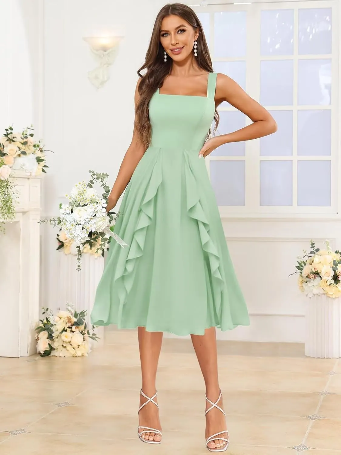 Short Ruffle Chiffon Bridesmaid Dresses for Women Square Neck Formal Evening Gowns