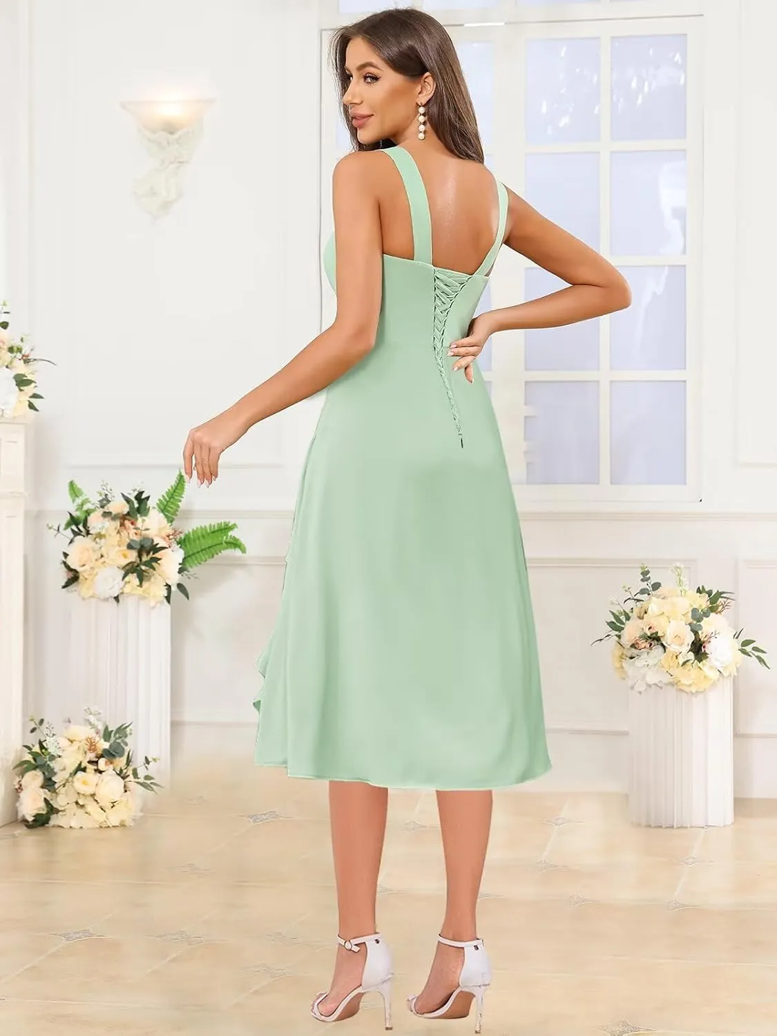 Short Ruffle Chiffon Bridesmaid Dresses for Women Square Neck Formal Evening Gowns