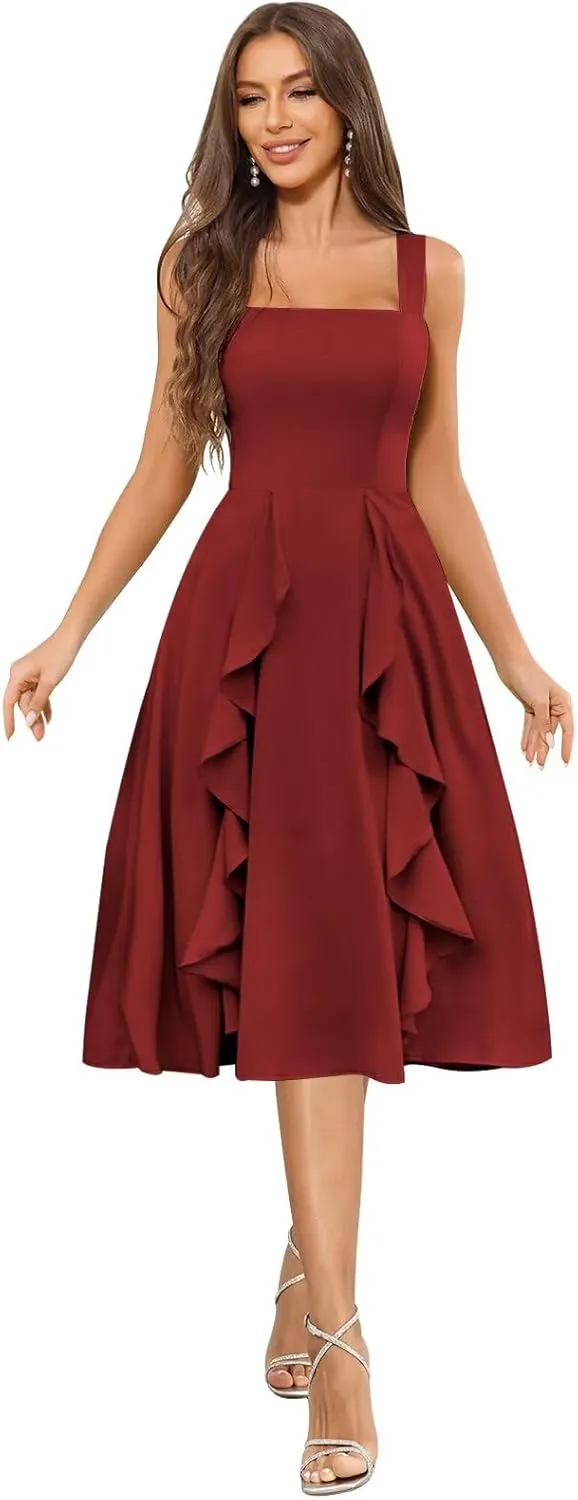 Short Ruffle Chiffon Bridesmaid Dresses for Women Square Neck Formal Evening Gowns