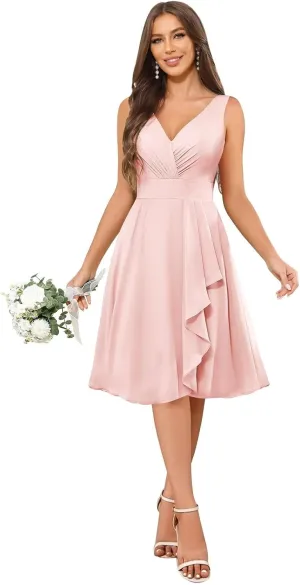 Short Ruffle Chiffon Bridesmaid Dresses for Women V Neck Formal Evening Gowns