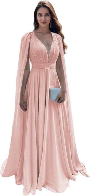 SIPUHK Cape Sleeve Bridesmaid Dresses for Women Pleated Chiffon Prom Dress Long Formal Evening Gown for Wedding Guest