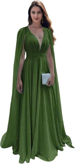SIPUHK Cape Sleeve Bridesmaid Dresses for Women Pleated Chiffon Prom Dress Long Formal Evening Gown for Wedding Guest