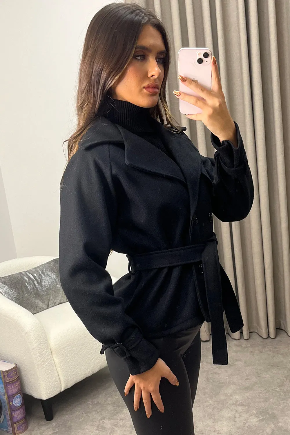 Sofie Black Wool Look Button Up Belted Trench Coat