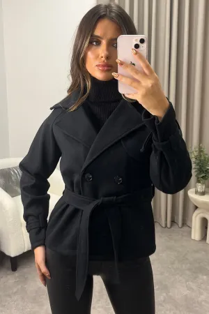 Sofie Black Wool Look Button Up Belted Trench Coat