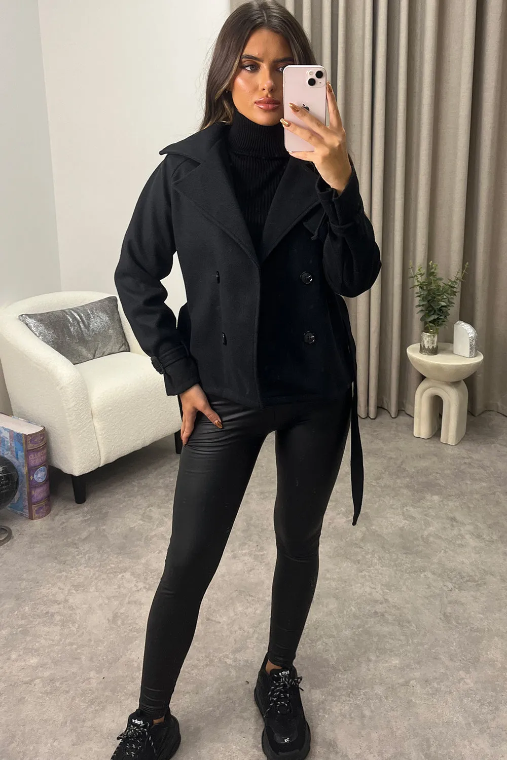 Sofie Black Wool Look Button Up Belted Trench Coat