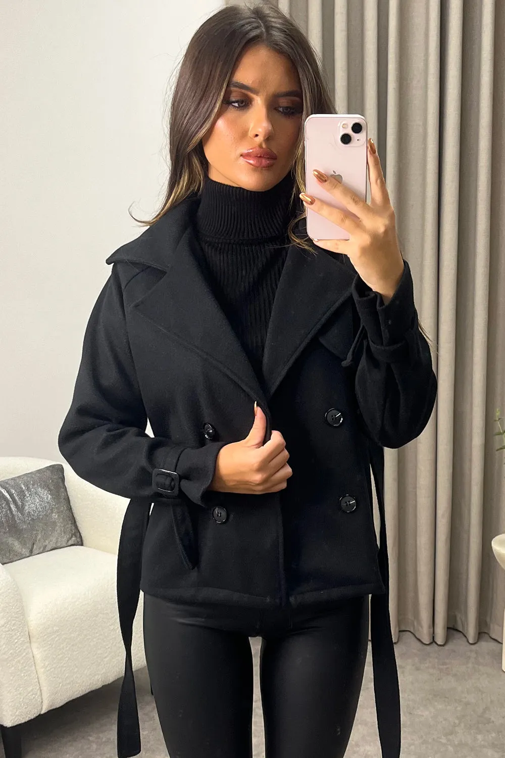 Sofie Black Wool Look Button Up Belted Trench Coat